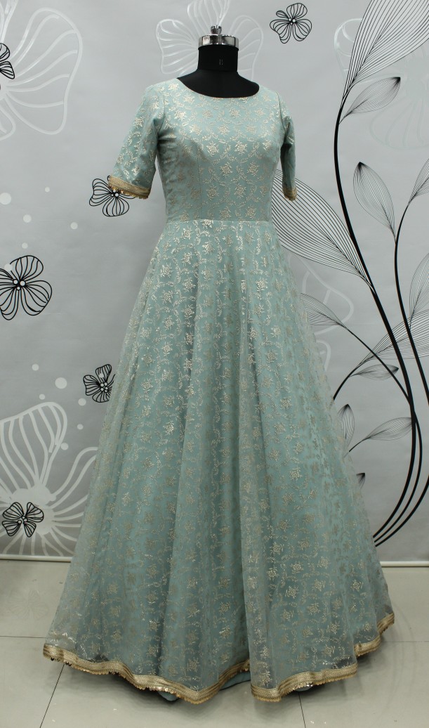LIGHT GREEN FOILAGE PRINT NET EVENING LONG GOWN SEMI STITCHED